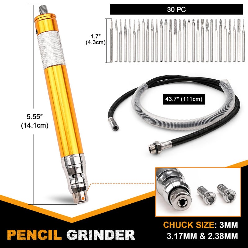 SI FANG 1/8'' Micro Pneumatic Air Pencil Die Grinder Kit, Pencil Style 52000-70,000 RPM, 3mm 3.17mm & 2.38mm Capacity, Engraving Tool - Image 2